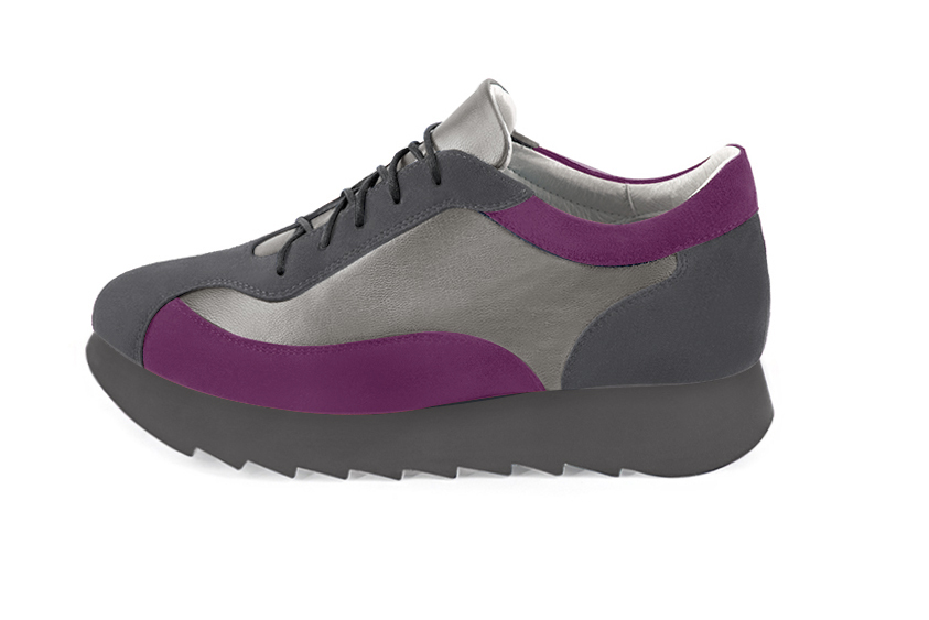 Dark grey and mulberry purple women's elegant sneakers. Round toe. Low rubber soles. Profile view - Florence KOOIJMAN